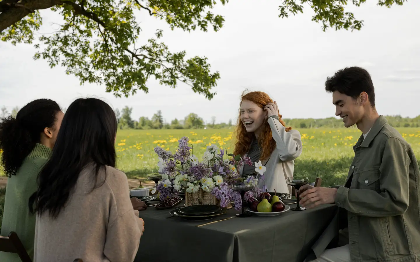 Four friends at a table under a tree in a meadow, laughing over flowers, fruit and glasses.